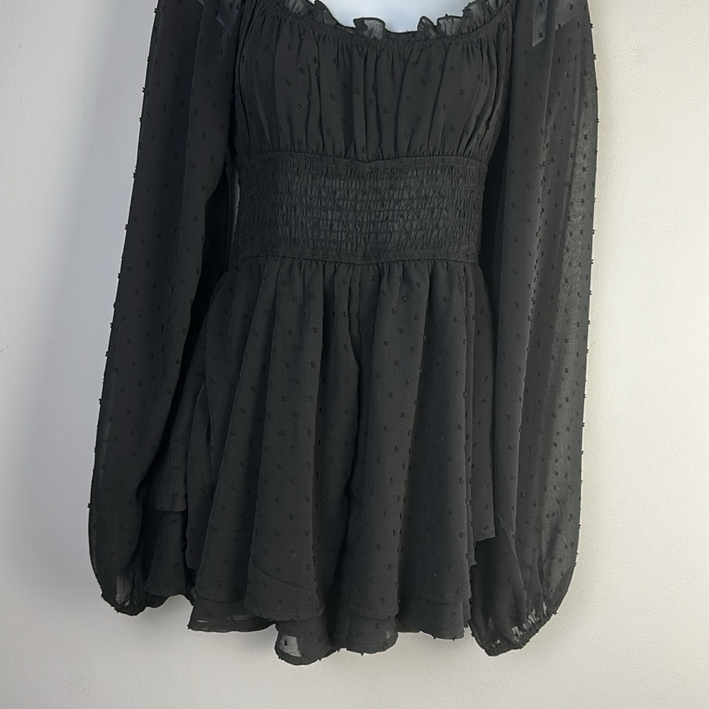 Urban Outfitters Rosie Clip Dot Smocked Long Sleeve Romper SM Black Fairygoth - Picture 7 of 16